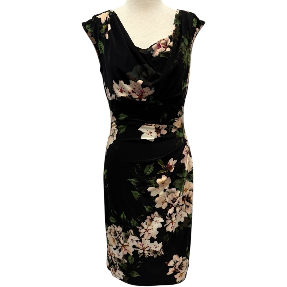 Lauren Ralph Lauren Black Floral Sleeveless Ruched Sheath Dress Cowl Neck Size 8